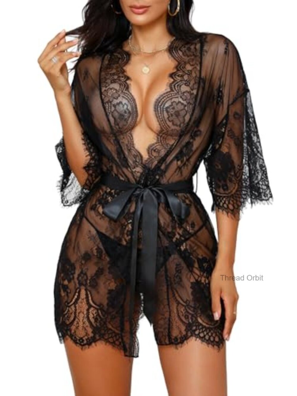 Lace Kimono Robe & G-String Set Butterfly Sleeve Chemise